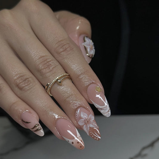Botanical Bliss Long Stiletto Beige Press-On Nail Set with Floral Accents