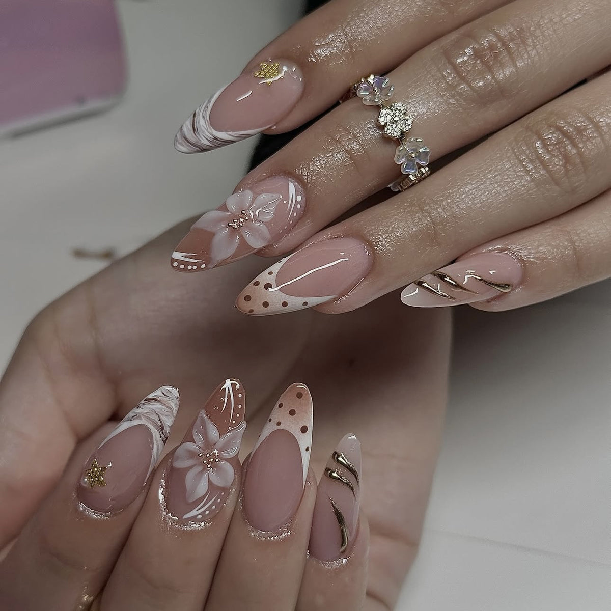 Floral Elegance Long Almond Blush Pink Press On Nail Set with Gold Accents