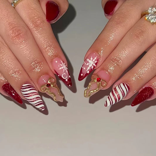 Festive Long Stiletto Red with Holiday Charm Press-On Nail Set