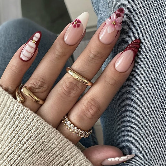 Bohemian Floral Long Stiletto Burgundy and White Nail Set with Unique Artistic Designs
