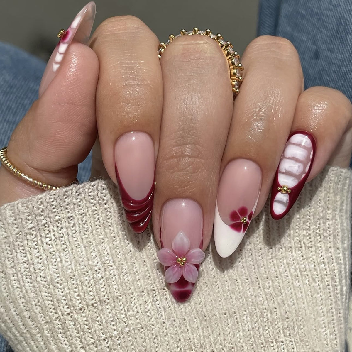 Chic Blossom Medium Almond Burgundy Floral Detail Press On Nail Set