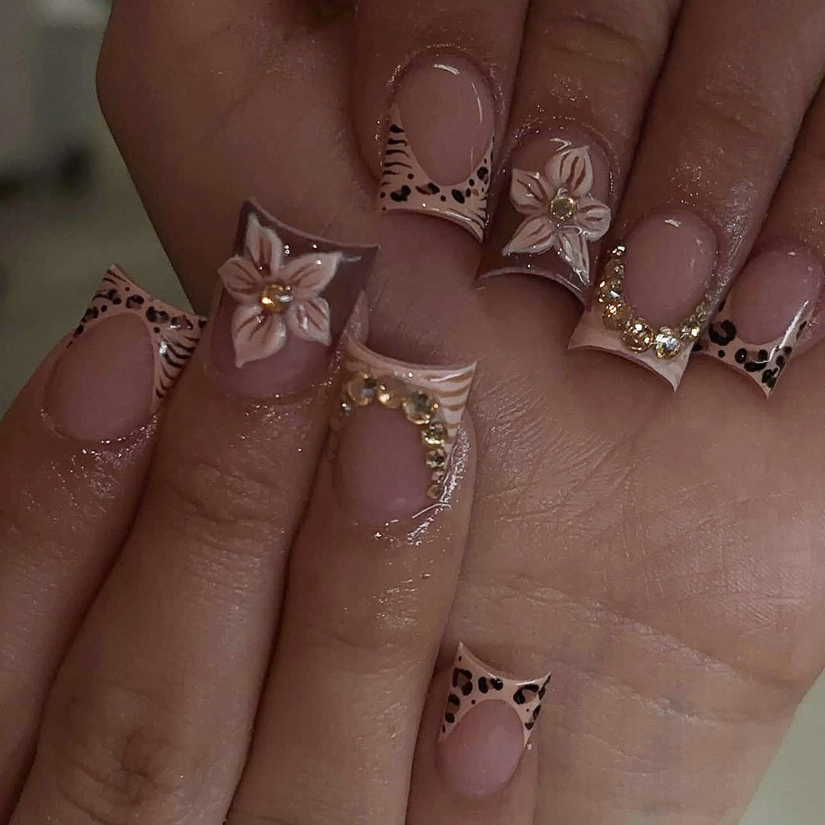 Elegant Floral Medium Square Pink with Gem Accents Press On Nail Set