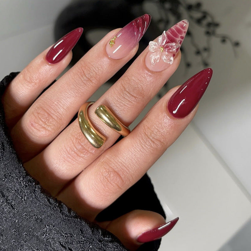 Glamorous Rose Garden Long Stiletto Wine Red with Floral Accent Press-On Nail Set
