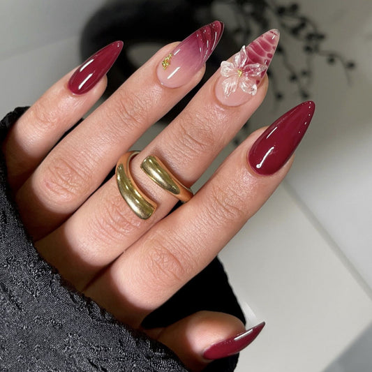 Glamorous Rose Garden Long Stiletto Wine Red with Floral Accent Press-On Nail Set