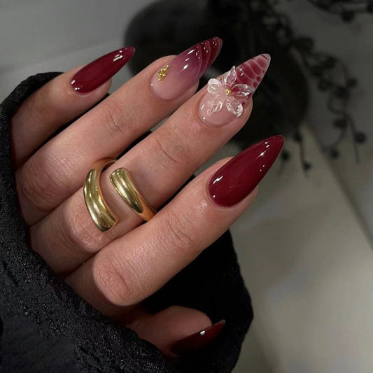 Elegant Autumn Long Stiletto Burgundy Press On Nail Set with Floral Accent