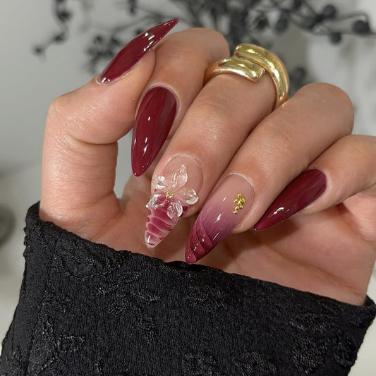 Elegant Autumn Stiletto Long Burgundy with Floral Accent Press On Nail Set