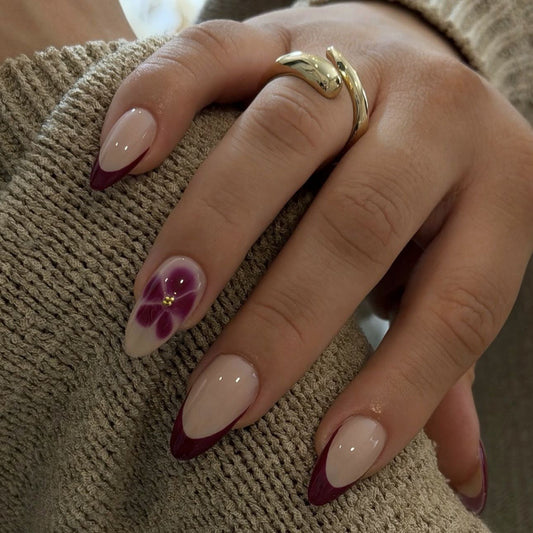 Floral Elegance Medium Stiletto Burgundy Ombre with Flower Accent Nail Set