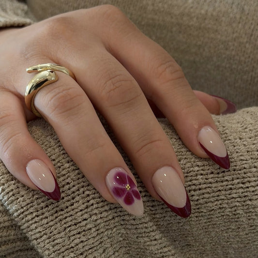 Enchanted Elegance Medium Stiletto Burgundy Tipped Press On Nail Set with Floral Accent