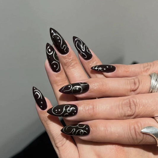 Mystical Midnight Long Stiletto Black with Abstract Swirls Press On Nail Set