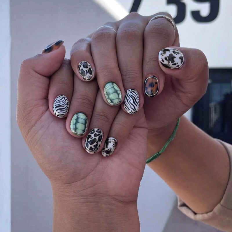 Wild Safari Inspired Short Round Green and Animal Print Nail Press Set