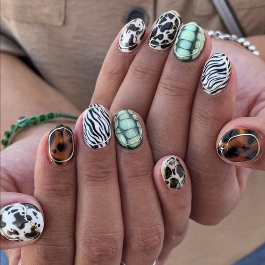 Wild Safari Short Oval Multicolor with Unique Animal Print Design Press-On Nail Set
