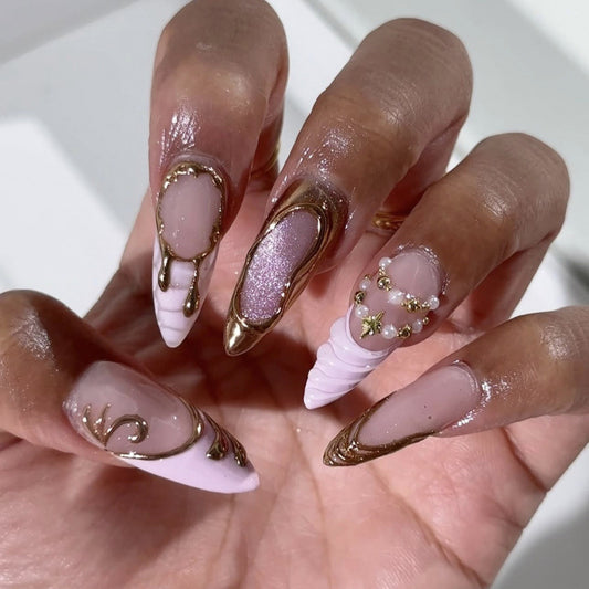 Elegant Mermaid Inspired Long Stiletto Pink with Intricate Gold Accents Press On Nail Set
