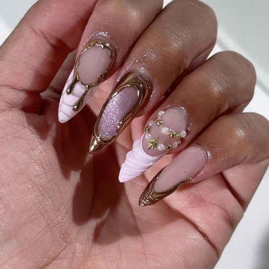 Ocean Whisper Long Stiletto Pastel Pink with Elegant Gold Shell Accents