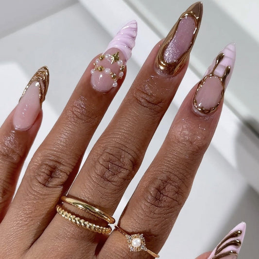 Glamorous Dreamy Long Stiletto Pink Nail Set with Elegant Gold Accents