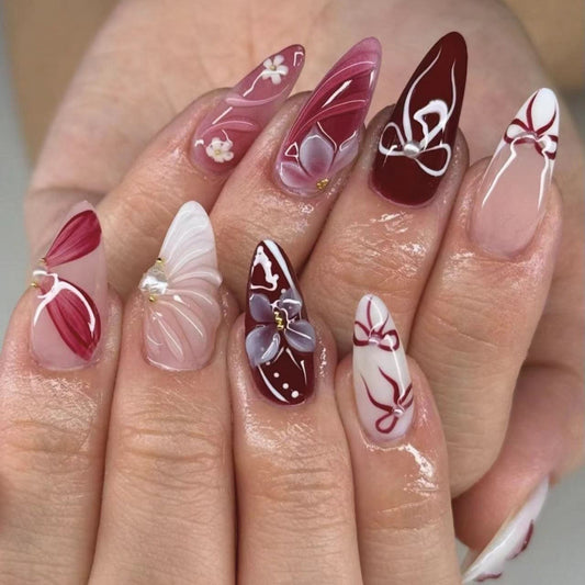 Whimsical Floral Long Stiletto Burgundy White Nail Set with Intricate Butterfly Designs