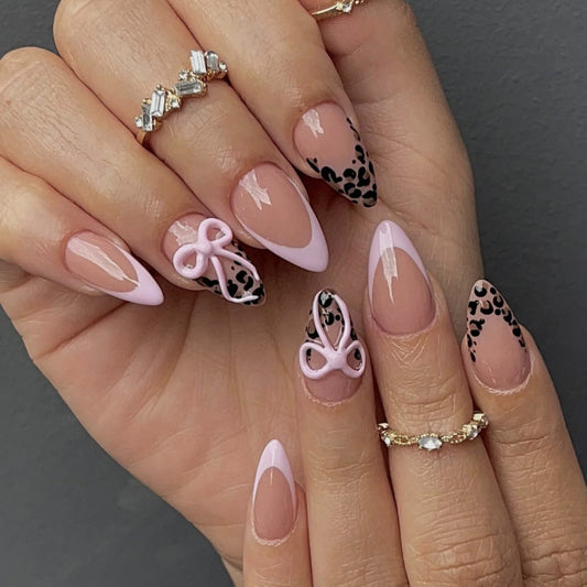 Chic Leopard Theme Medium Stiletto Pink Press On Nail Set with Unique Bow Design