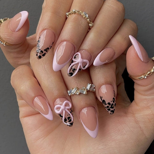 Chic Leopard Print Medium Almond Pastel Pink Nail Set with Cute Bow Accent
