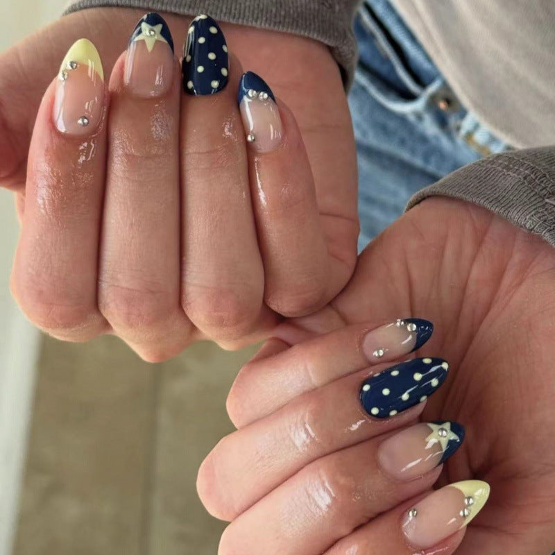 Starry Night Short Almond Navy Blue with Dazzling Gems Press On Nail Set