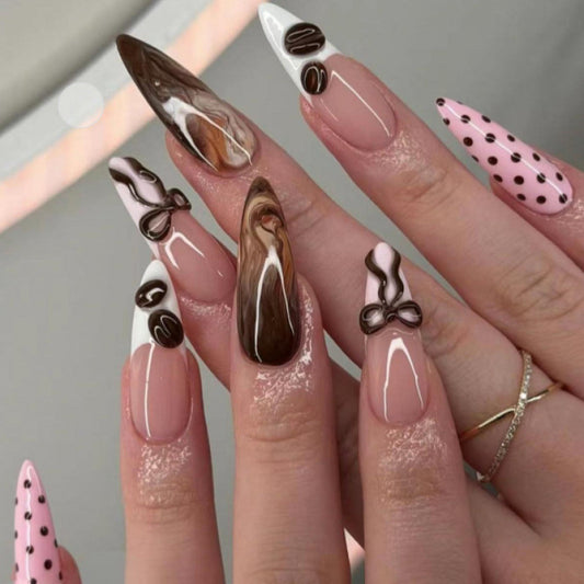 Gourmet Chocolate Themed Long Stiletto Pink and Brown Press on Nail Set with Unique Decorative Designs