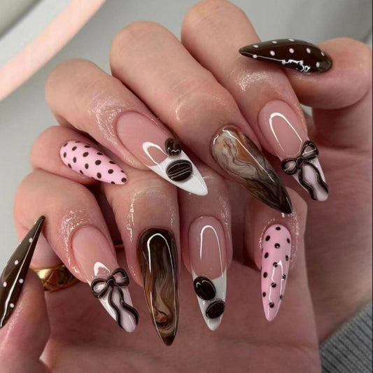 Coffee Delight Long Stiletto Chocolate Drizzle Nail Set