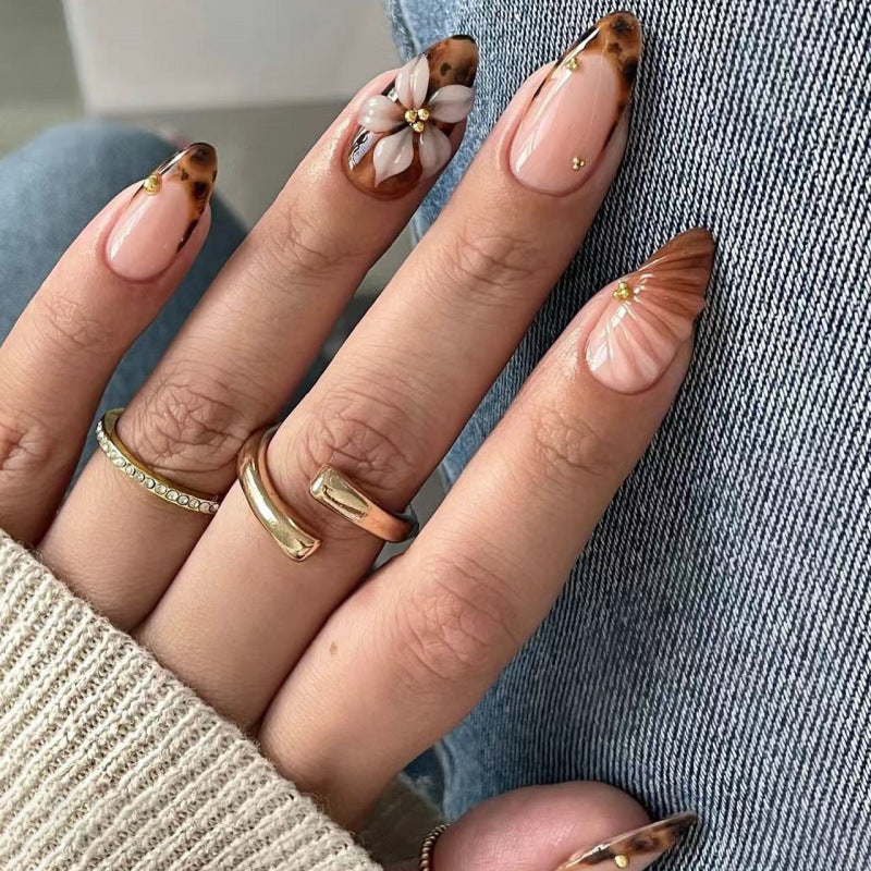 Chic Floral Autumn Medium Almond Brown and Cream Gradient Press on Nail Set