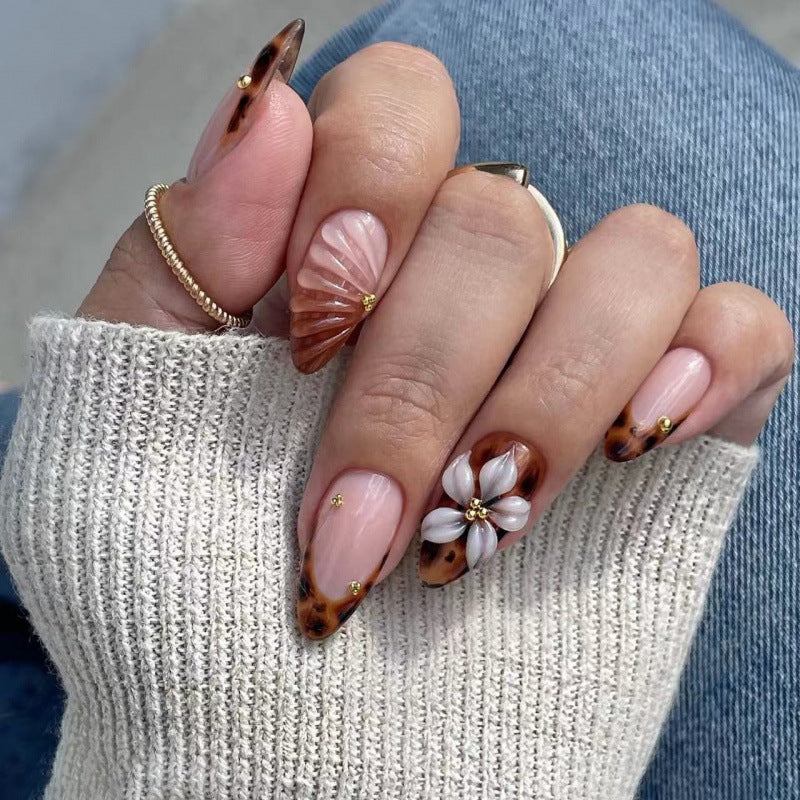 Bohemian Bliss Medium Almond Brown Floral Press-on Nail Set with Unique Textured Design