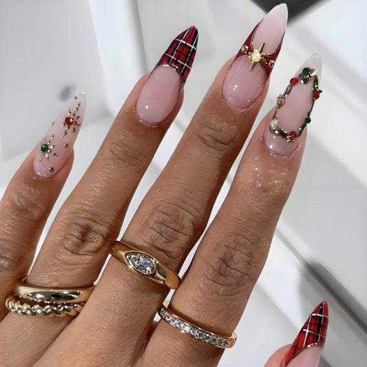 Festive Long Stiletto Pink with Glittering Embellishments Press on Nail Set