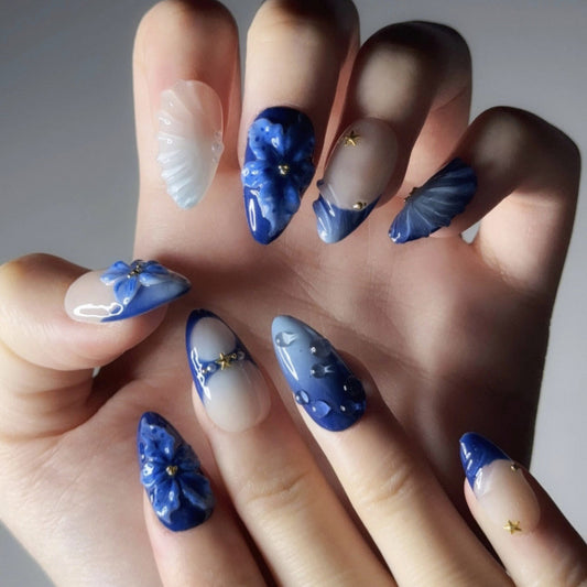 Oceanic Bliss Long Stiletto Blue Floral Design Press On Nail Set