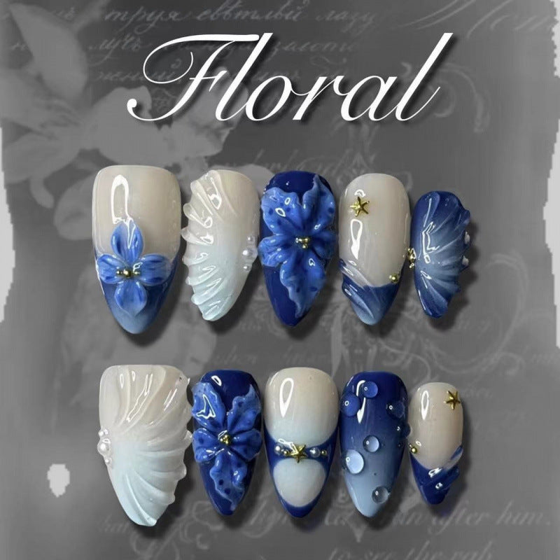 Floral Elegance Long Stiletto Blue Ombre with Decorative Blooms