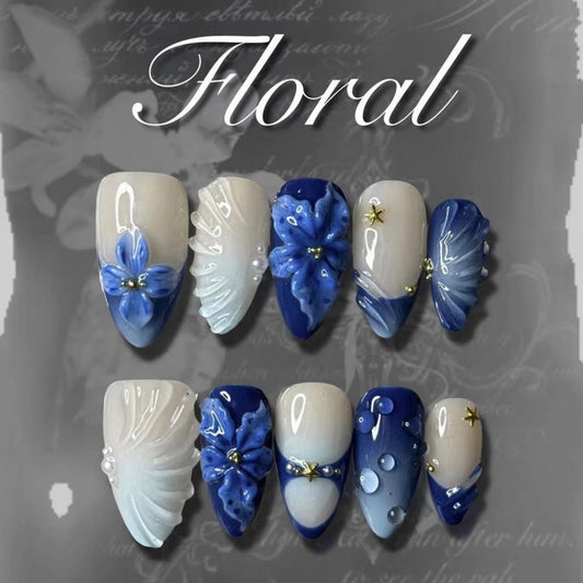 Floral Elegance Long Stiletto Blue Ombre with Decorative Blooms