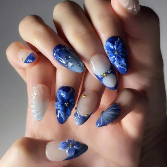 Floral Fantasy Long Stiletto Blue Nail Set with 3D Flower Detailing