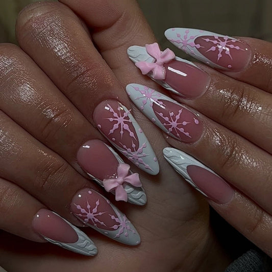 Winter Wonderland Long Stiletto Pink with Snowflake and Bow Design Press-On Nail Set