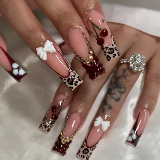 Glamorous Leopard Print Long Square Press on Nail Set with Bow and Cherry Accents