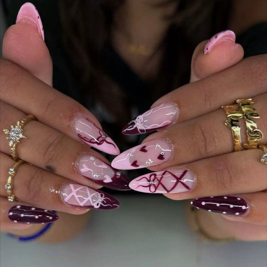 Romantic Vibes Long Stiletto Pink with Heart and Bow Accents Press On Nail Set