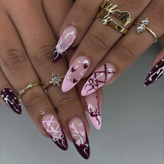Romantic Passion Long Stiletto Pink and Burgundy Nail Set with Intricate Design