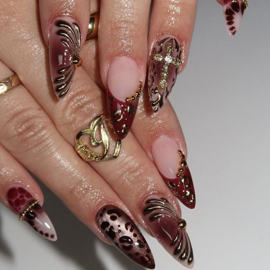 Glamorous Elegance Long Stiletto Burgundy with Intricate Gold Detailing Press On Nail Set