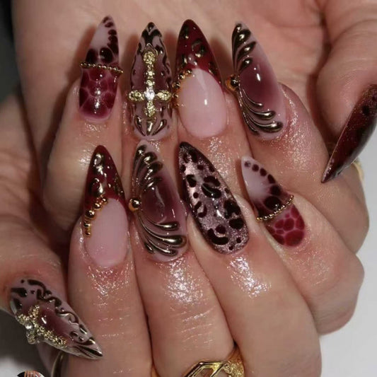 Elegant Gothic Long Stiletto Burgundy Nail Set with Intricate Gold Accents