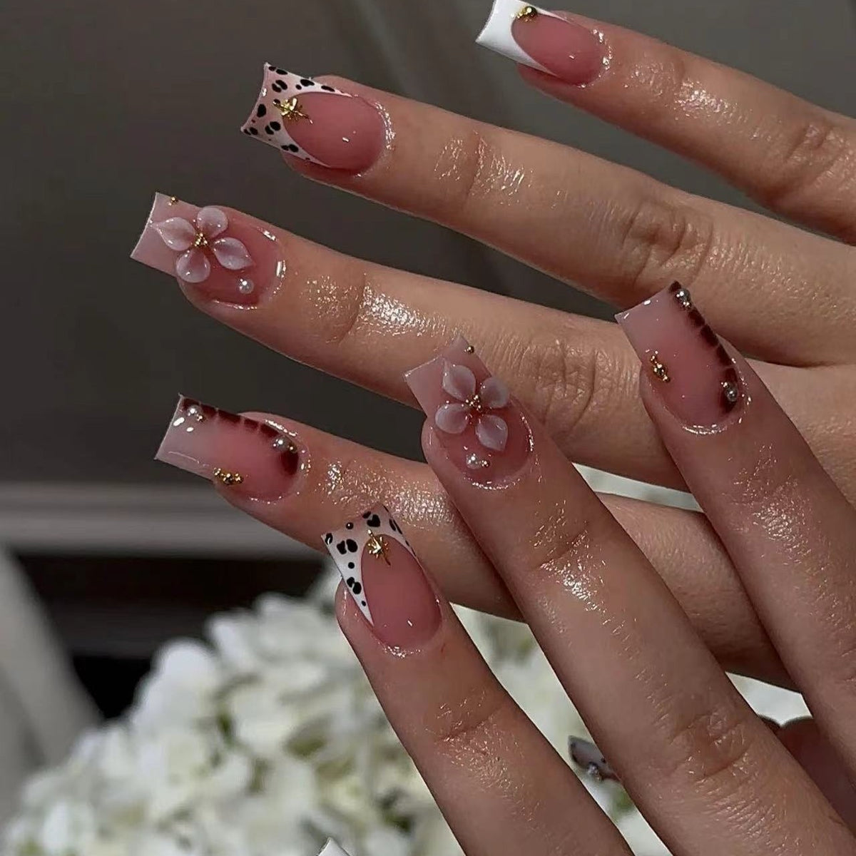 Chic Floral Escape Long Square Pink with Unique Artistic Accents Press On Nail Set