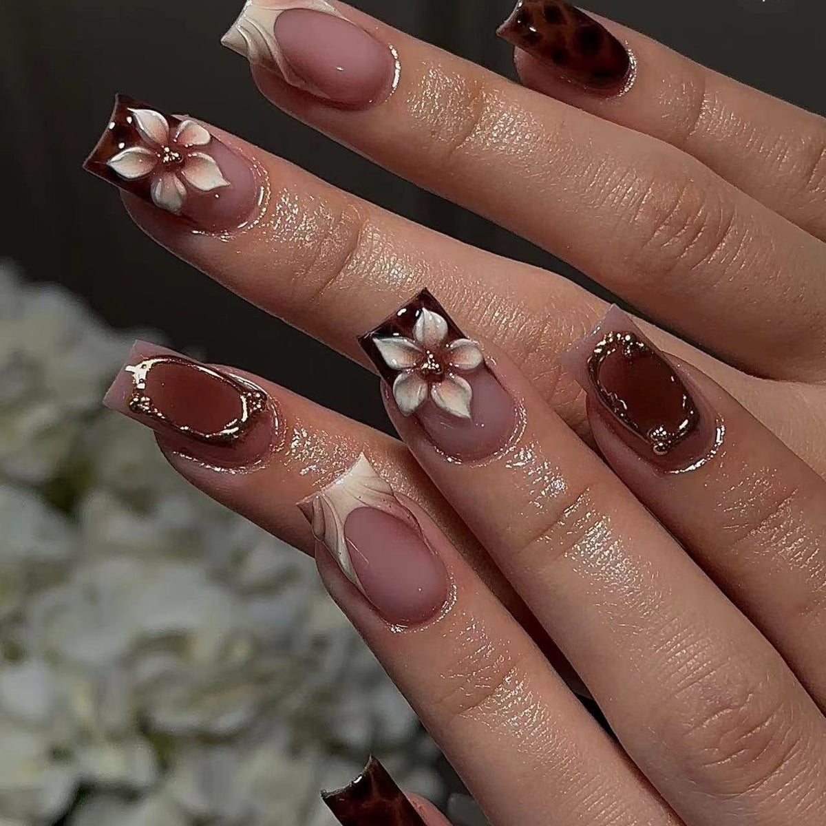 Elegant Floral Fantasy Medium Square Brown with Unique Floral Accents Press on Nail Set