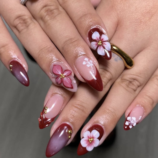 Floral Fantasy Long Stiletto Red and Pink Gradient with Flower Accents Press On Nail Set