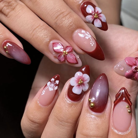 Floral Fantasy Long Stiletto Deep Red and White Nail Art Press-On Set