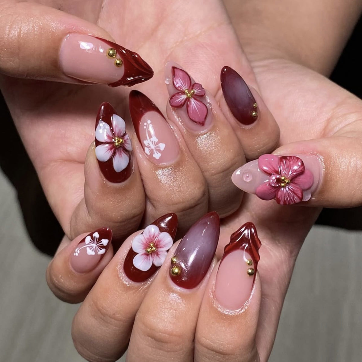 Blossom Elegance Long Stiletto Burgundy Floral Design Press On Nail Set