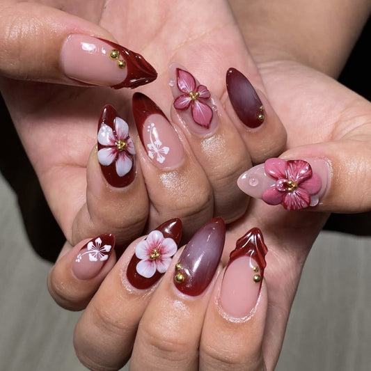 Blossom Elegance Long Stiletto Burgundy Floral Design Press On Nail Set