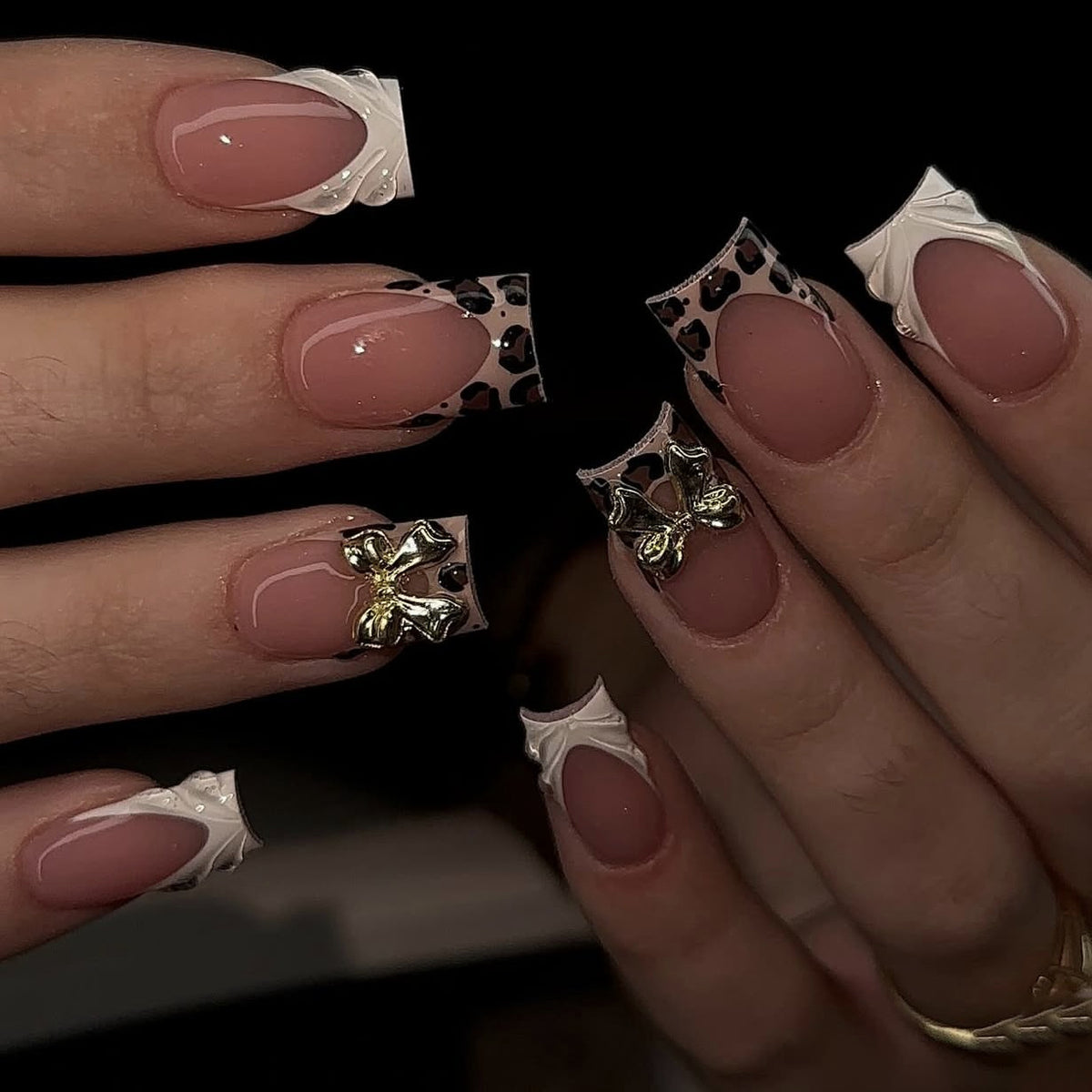 Glamorous Safari Medium Square Beige with Unique Animal Print and Stunning Gold Accents Press-On Nail Set