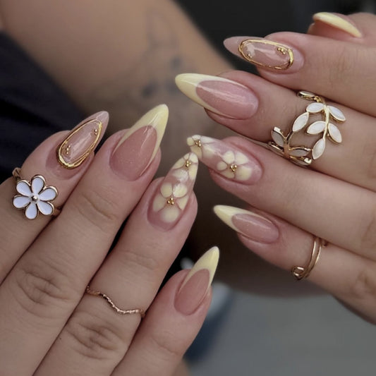 Blooming Elegance Long Stiletto Yellow Ombre with Floral Accents Nail Set
