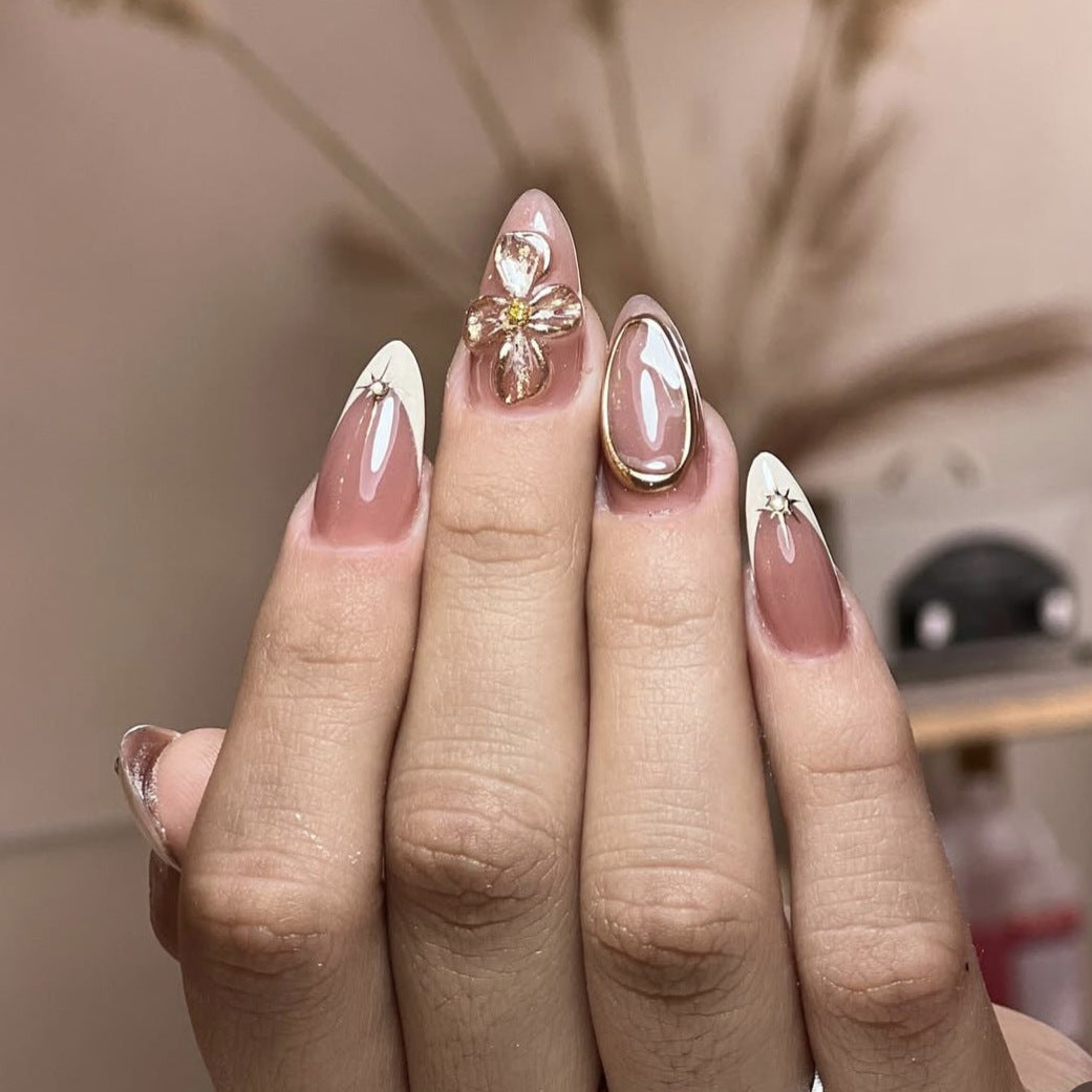 Blossom Elegance Medium Almond Pink and White Floral Accent Press on Nail Set