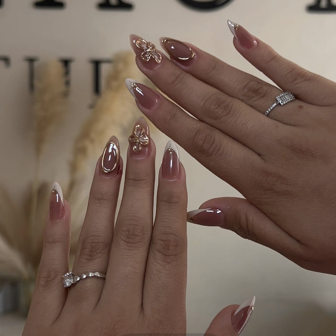 Elegant Floral Long Almond Pink Press On Nail Set with Shimmering Gold Accents