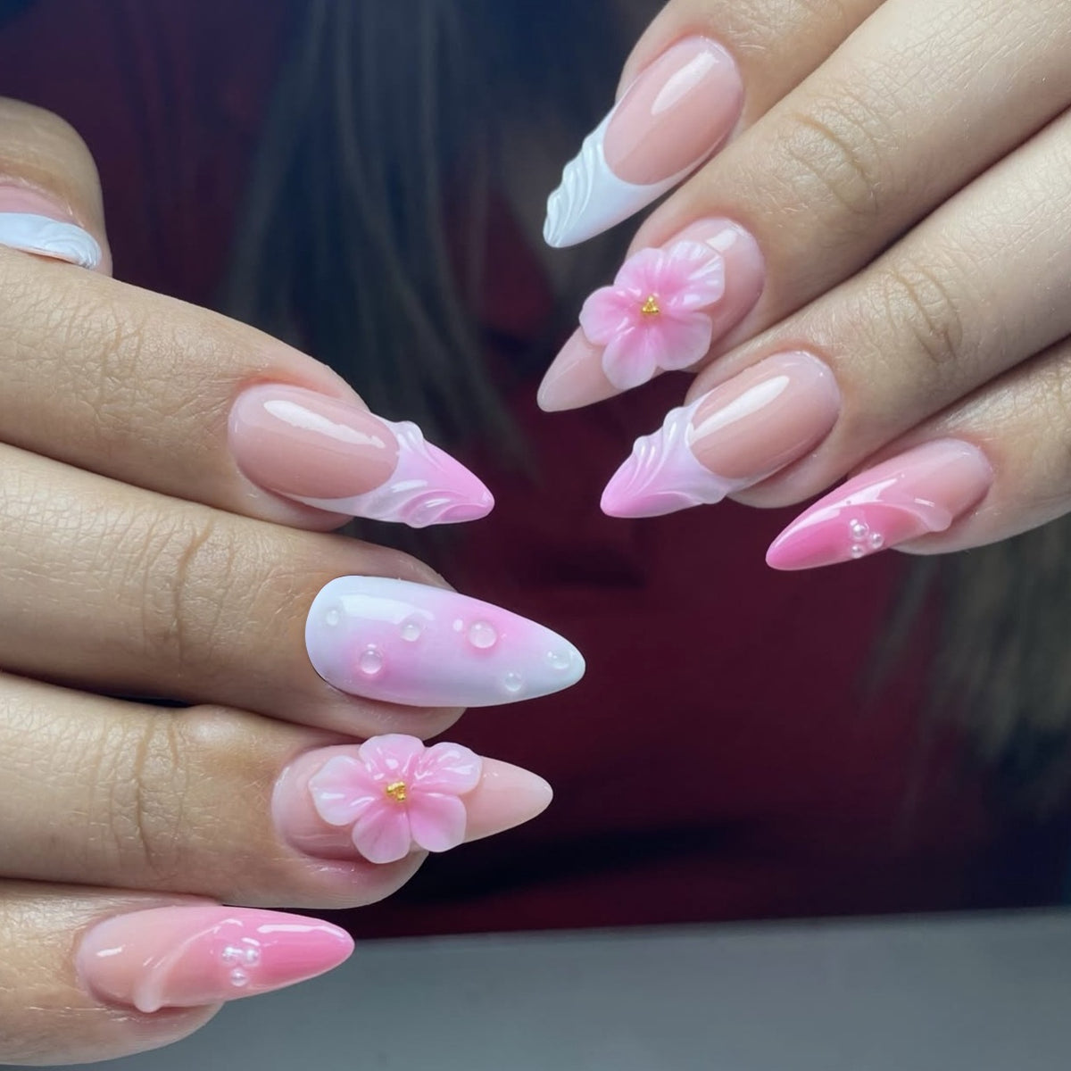 Flower Whisper Long Almond Pink Gradient with Floral Accents Press On Nail Set