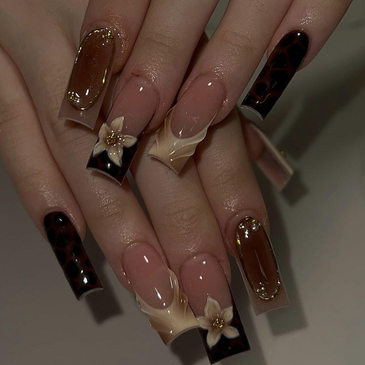 Elegant Floral Fantasy Long Square Brown and Black with Gemstone Accents Press on Nail Set