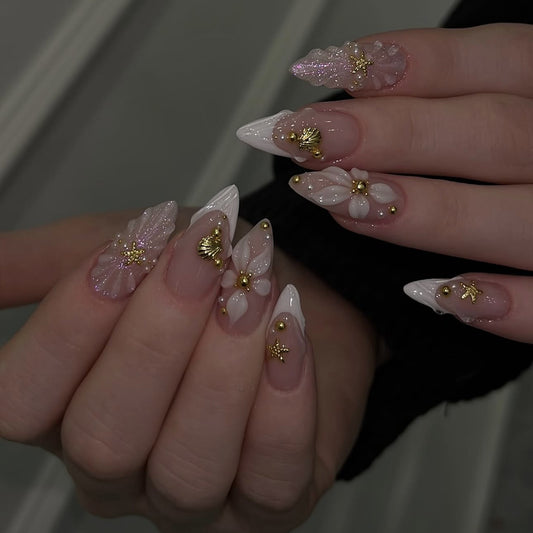 Enchanted Garden Medium Stiletto Pink Floral Press On Nail Set with Gold Accents